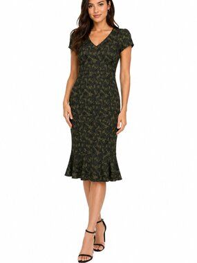 Banana Republic Olive Green Floral Jacquard Flounce Hem Midi Dress
